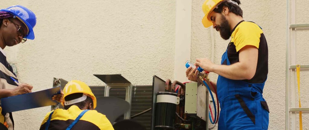 teknisi yang sedang membenarkan heat pump