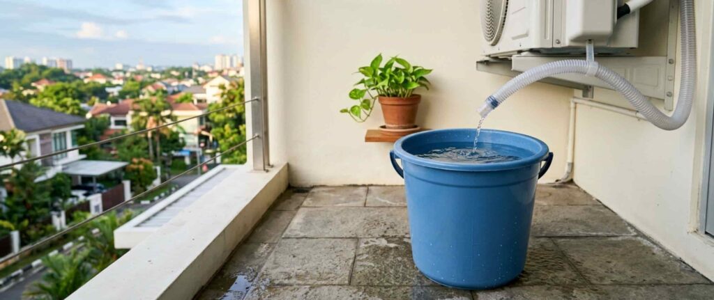 Air buangan AC ditampung di dalam ember Air buangan AC ditampung di dalam ember