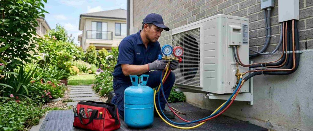 Teknisi sedang mengisi freon AC