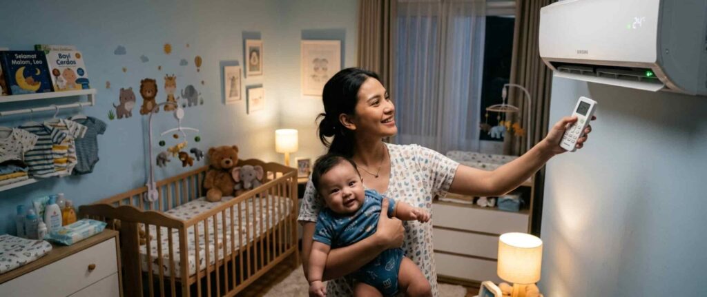 Ibu sedang menyalakan AC di kamar bayi