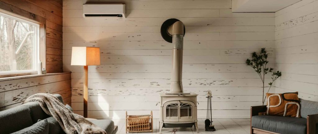 kabin dengan sofa, AC, dan tungku kayu