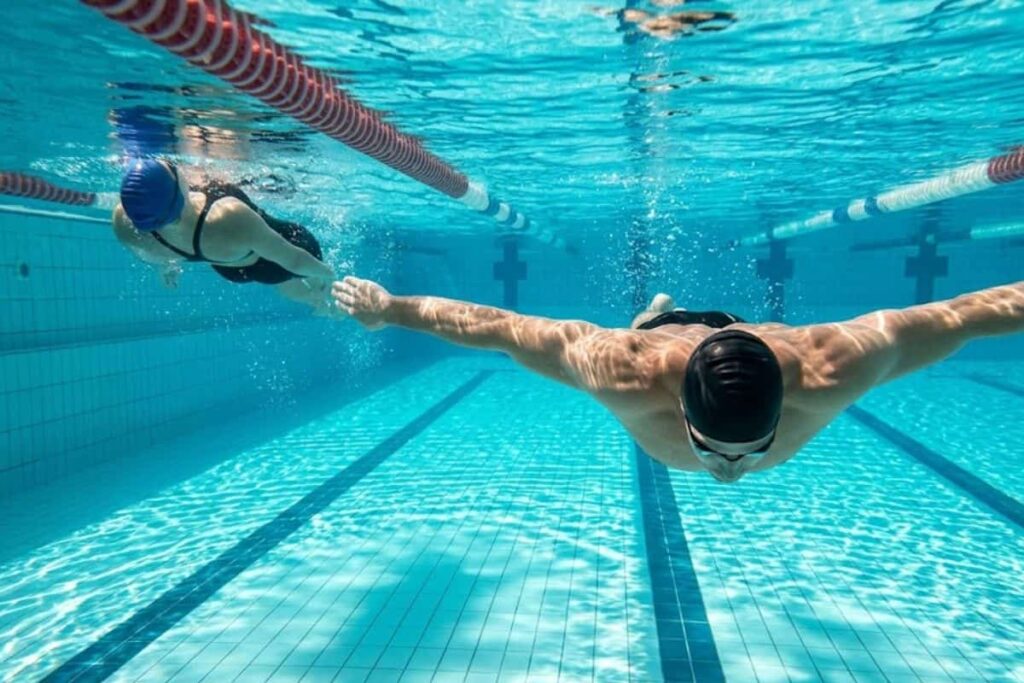 Dua orang berenang dengan gaya berbeda Dua orang berenang dengan gaya berbeda