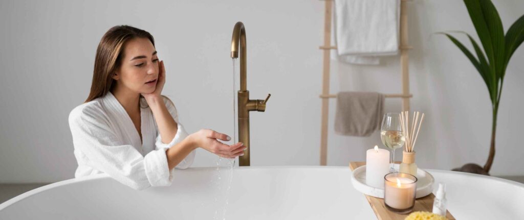 seorang wanita sedang mengisi bathtub untuk mandi seorang wanita sedang mengisi bathtub untuk mandi