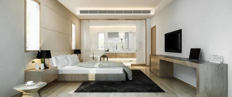 kamar tidur modern dengan kamar mandi berdinding kaca
