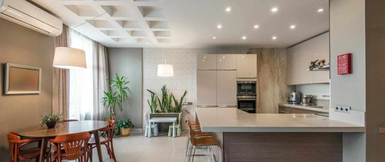 dapur dan ruang makan ber-ac dengan tanaman hias