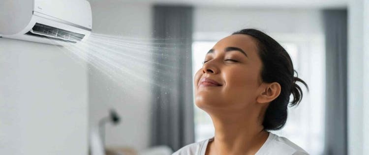 Seorang wanita sedang menghirup udara segar dari AC