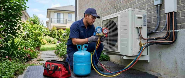 Teknisi sedang mengisi freon AC