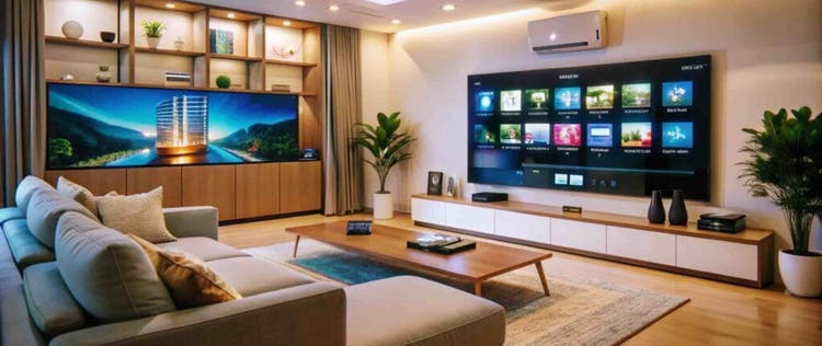 ruang tamu modern dengan sofa, smart tv, dan ac