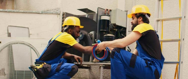 Pria sedang mengisi freon AC