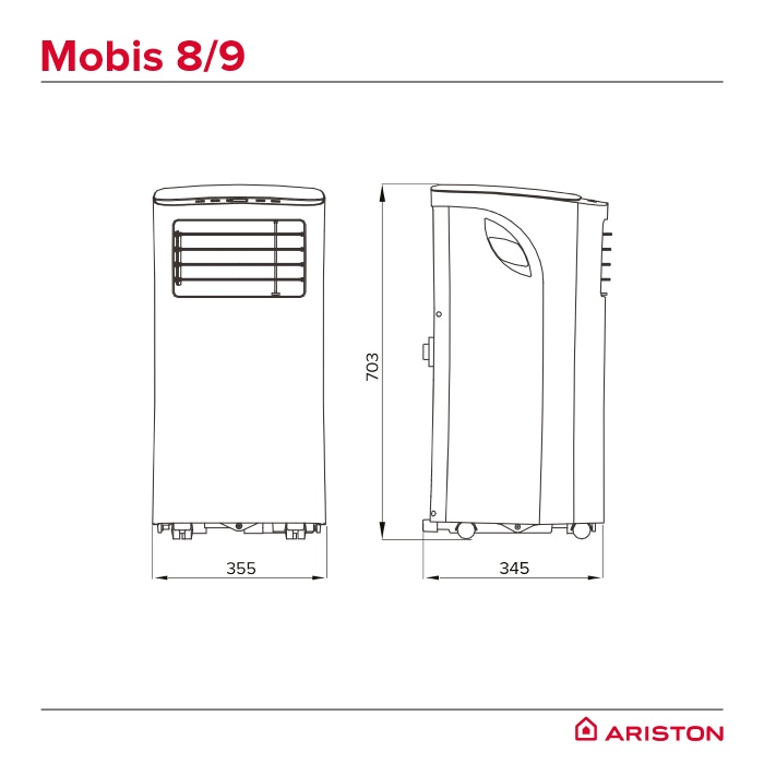 Aparat de aer condiționat Ariston Mobis 8/9 mobil - schiță dimensiuni