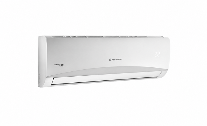 Aer condiționat Ariston Prios R32 - vedere frontală și detaliu pe lateral dreapta a aparatului aer condiționat inverter Ariston