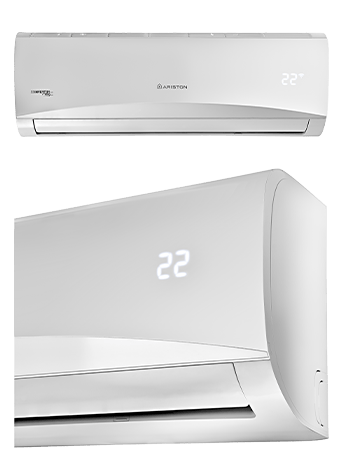 Aer condiționat Ariston Prios R32 - vedere frontală și detaliu pe lateral dreapta a aparatului aer condiționat inverter Ariston