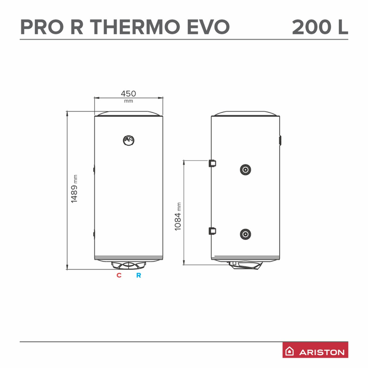 Schiță dimensiuni pentru boiler electric apă caldă Ariston Pro R Thermo Evo 200 L