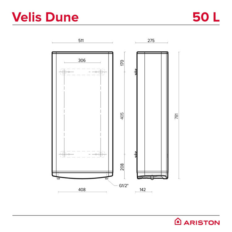 Boiler electric Ariston Velis Dune 50 L - schiță dimensiuni