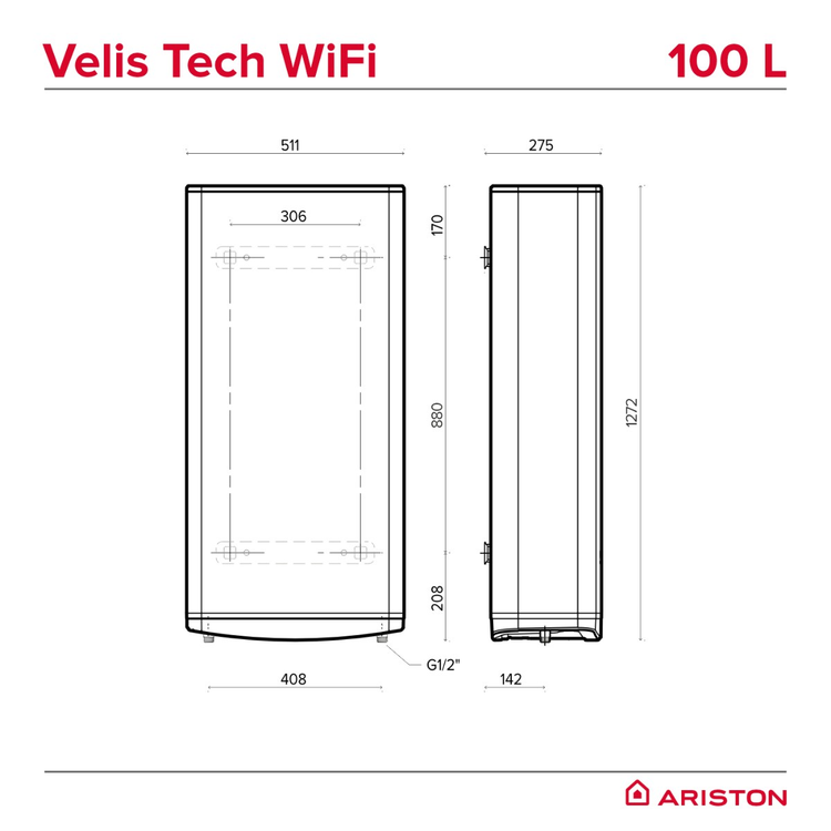 Boiler electric Ariston VELIS TECH WI-FI 100 L - schiță dimensiuni