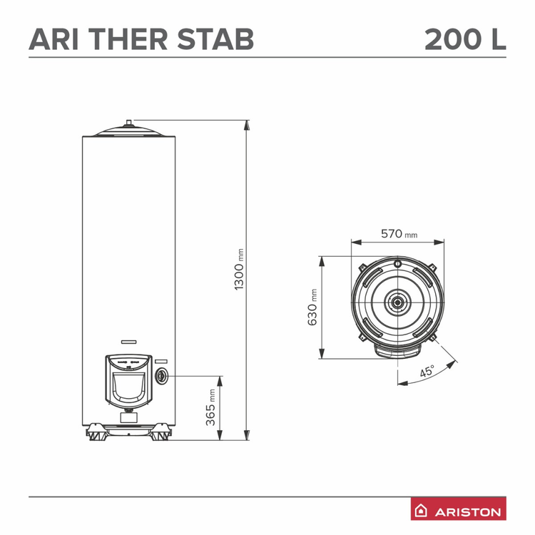 Boiler electric Ariston ARI THER STAB de mare capacitate 200 L - schiță dimensiuni