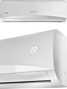 Aer condiționat Ariston Prios R32 - vedere frontală și detaliu pe lateral dreapta a aparatului aer condiționat inverter Ariston